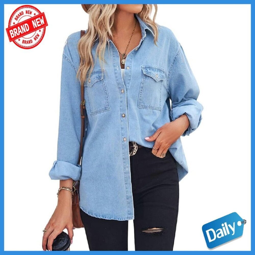 Long Sleeve Denim Button Down Shirt Women's Casual Oversized Fit